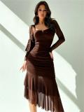 Brown Mesh Long Sleeve Low Cut Ruched Bodycon Women Midi Dress