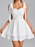 White Straps Low Cut Waisted Pleated Women Mini Skirt Dress