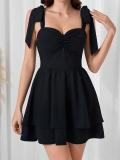 Black Straps Low Cut Waisted Pleated Women Mini Skirt Dress