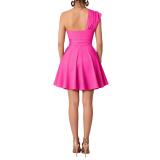 Rose Red One Shoulder Halter Neck Belt Pleated Women Party Mini Dress