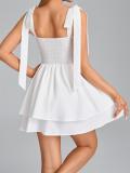White Straps Low Cut Waisted Pleated Women Mini Skirt Dress
