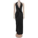 Black Halter Deep V Neck Snatched Backless Pleated Party Sexy Dress