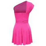 Rose Red One Shoulder Halter Neck Belt Pleated Women Party Mini Dress