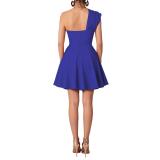 Blue One Shoulder Halter Neck Belt Pleated Women Party Mini Dress
