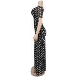 Black Mesh Pleated Off Shoulder Print Polka Dot High Split Party Prom Long Dress