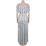 White Mesh Pleated Off Shoulder Print Polka Dot High Split Party Prom Long Dress