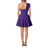 Purple One Shoulder Halter Neck Belt Pleated Women Party Mini Dress