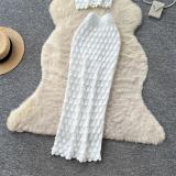 White Hot Sexy Two Pieces Crop Vest Knitting Ruffles Bodycon Midi Dress Set