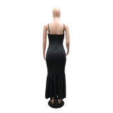 Black Straps Low Cut Diamonds Bodycon Pleated Ruffles Midi Prom Dress