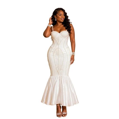 White Straps Low Cut Diamonds Bodycon Pleated Ruffles Midi Prom Dress