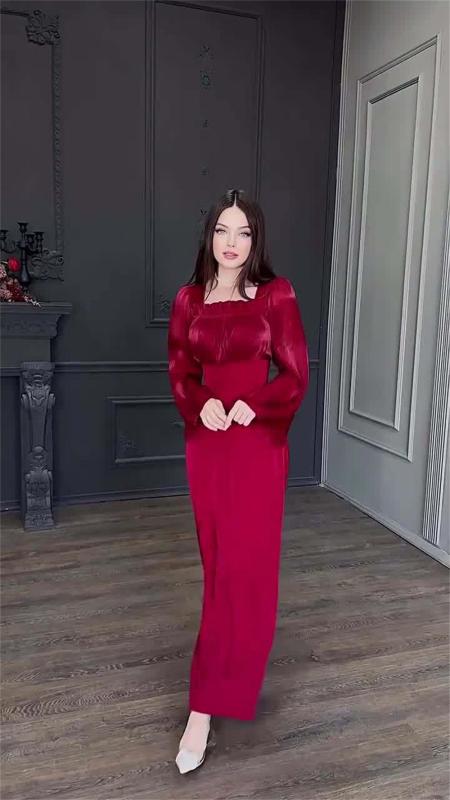 Claret Long Sleeve Ruched Boat Neck Pleated Women Luxury Formal Dress