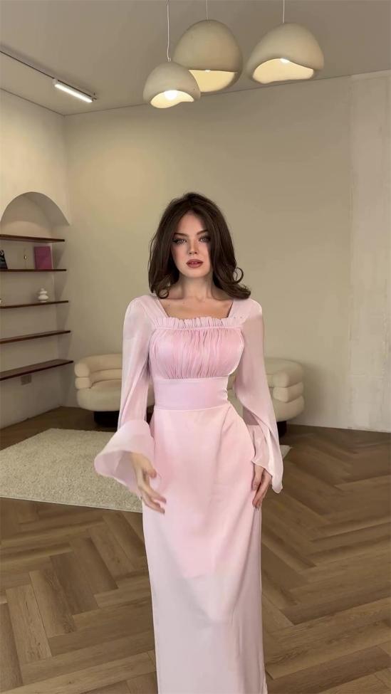 Pink Long Sleeve Ruched Boat Neck Pleated Women Luxury Formal Dress