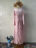 Pink Long Sleeve Ruched Boat Neck Pleated Women Luxury Formal Dress