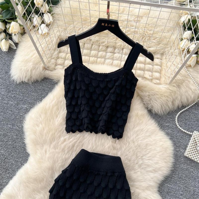 Black Hot Sexy Two Pieces Crop Vest Knitting Ruffles Bodycon Midi Dress Set