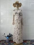 Beige Print Floral V Neck Casual Elegant Women Party Vacation Long Dress