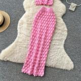 Pink Hot Sexy Two Pieces Crop Vest Knitting Ruffles Bodycon Midi Dress Set