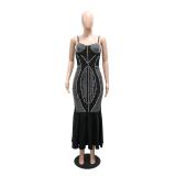 Black Straps Low Cut Diamonds Bodycon Pleated Ruffles Midi Prom Dress