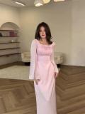 Pink Long Sleeve Ruched Boat Neck Pleated Women Luxury Formal Dress