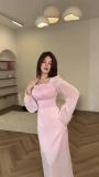 Pink Long Sleeve Ruched Boat Neck Pleated Women Luxury Formal Dress