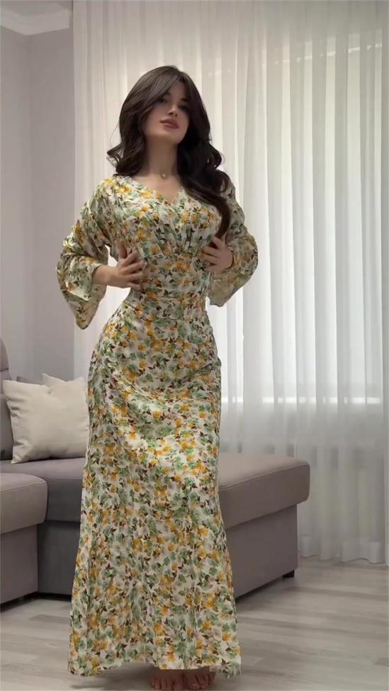 Yellow Print Floral V Neck Casual Elegant Women Party Vacation Long Dress