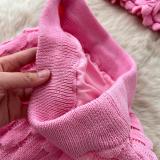 Pink Hot Sexy Two Pieces Crop Vest Knitting Ruffles Bodycon Midi Dress Set