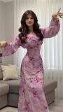 Pink Print Floral V Neck Casual Elegant Women Party Vacation Long Dress