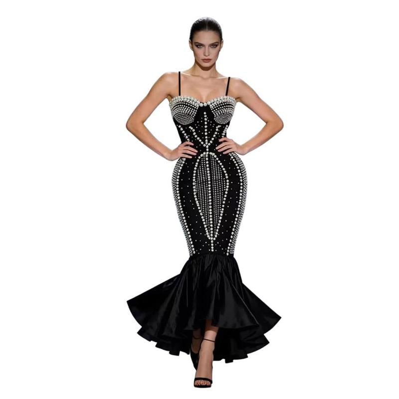 Black Straps Low Cut Diamonds Bodycon Pleated Ruffles Midi Prom Dress