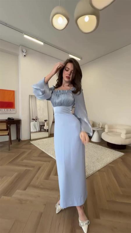 Blue Long Sleeve Ruched Boat Neck Pleated Women Luxury Formal Dress