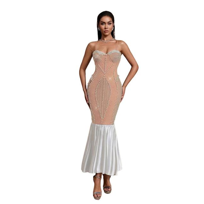 Khaki Straps Low Cut Diamonds Bodycon Pleated Ruffles Midi Prom Dress