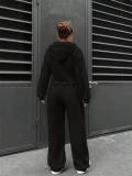 Black Long Sleeve Zipper V Neck Hooded Cardigan Casual Fashion Long Pant Sets