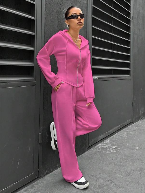 Rose Red Long Sleeve Zipper V Neck Hooded Cardigan Casual Fashion Long Pant Sets