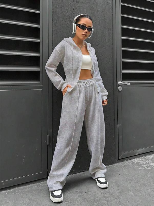 Gray Long Sleeve Zipper V Neck Hooded Cardigan Casual Fashion Long Pant Sets