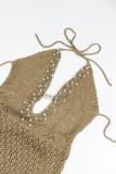 Khaki Sleeveless Halter Deep V Neck Knitted Bodycon Hollow Out Vacation Long Dress