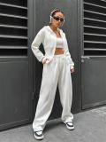 White Long Sleeve Zipper V Neck Hooded Cardigan Casual Fashion Long Pant Sets