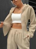 Khaki Long Sleeve Zipper V Neck Hooded Cardigan Casual Fashion Long Pant Sets