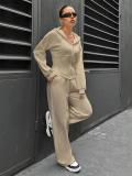 Khaki Long Sleeve Zipper V Neck Hooded Cardigan Casual Fashion Long Pant Sets