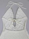 White Sleeveless Halter Deep V Neck Knitted Bodycon Hollow Out Vacation Long Dress