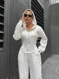 White Long Sleeve Zipper V Neck Hooded Cardigan Casual Fashion Long Pant Sets