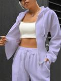Purple Long Sleeve Zipper V Neck Hooded Cardigan Casual Fashion Long Pant Sets