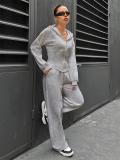 Gray Long Sleeve Zipper V Neck Hooded Cardigan Casual Fashion Long Pant Sets