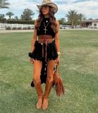 Black Halter Neck Ruched Irregular Crop Tops Mini Sexy Skirt Sets