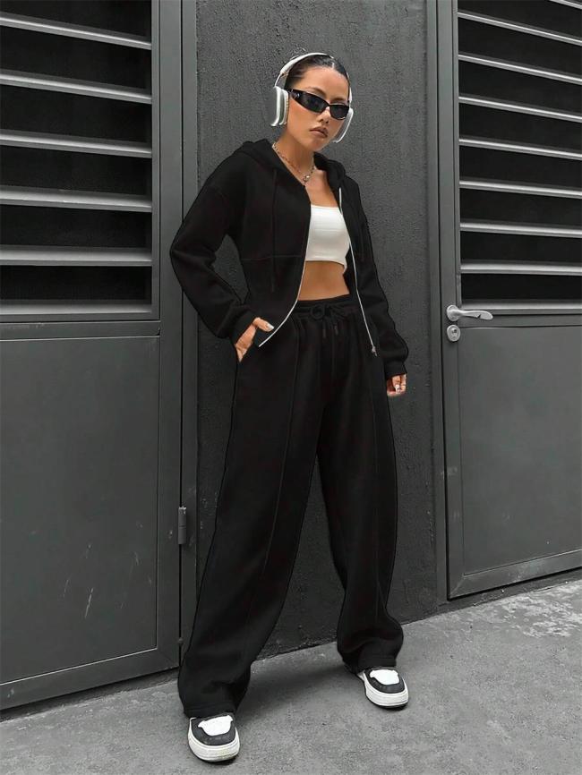 Black Long Sleeve Zipper V Neck Hooded Cardigan Casual Fashion Long Pant Sets