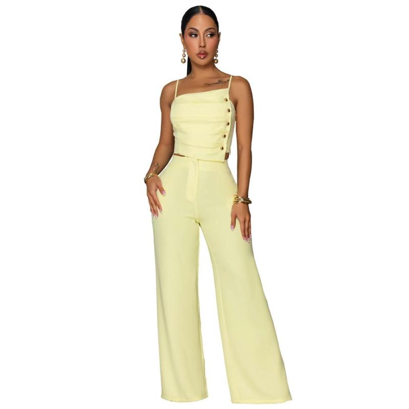 Yellow Two Pieces Straps Pleated Wide Leg Casual Pant Sets