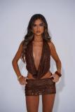 Brown Two Pieces Halter V Neck Sequins Sexy See Through Party Skirt Sets