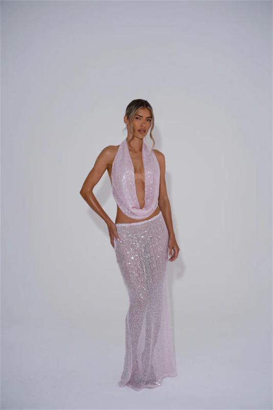 Pink Two Pieces Sequins Mesh Bodycon See Through Club Long Dress