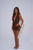 Brown Two Pieces Halter V Neck Sequins Sexy See Through Party Skirt Sets