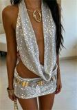 Silver Two Pieces Halter V Neck Sequins Sexy See Through Party Skirt Sets