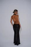 Black Two Pieces Sequins Mesh Bodycon See Through Club Long Dress