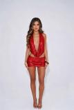 Red Two Pieces Halter V Neck Sequins Sexy See Through Party Skirt Sets