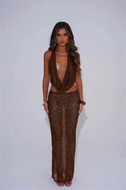 Brown Two Pieces Sequins Mesh Bodycon See Through Club Long Dress
